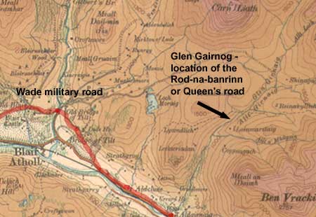 Map of Blair Atholl showing location of the Queen's road