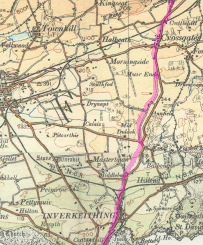 Map of Perth road north of Inverkeithing.  Based on 1913 OS  map with thanks